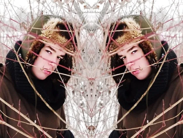 A split screen showing a realistic-looking AI-generated influencer on one side, and lines of complex code representing the AI on the other side, emphasizing the contrast between perception and reality.