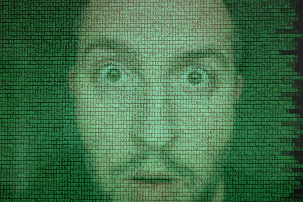 A stylized image showing the US President's face subtly glitching and distorting, with binary code floating around it, symbolizing the deepfake technology used to create the fake video.