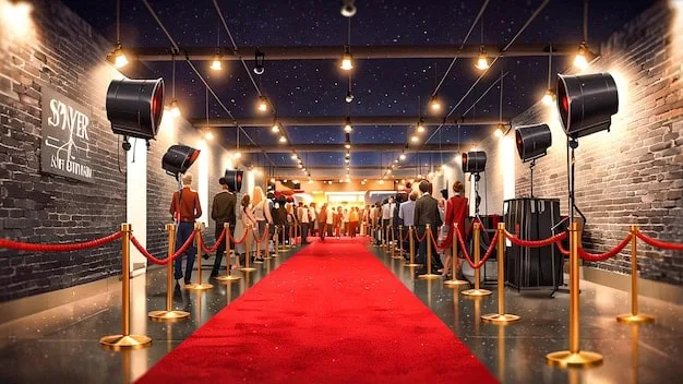 A vibrant red carpet scene at an award show in Los Angeles, filled with celebrities, photographers, and fans, capturing the excitement and glamour of the event.