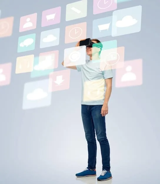 A person wearing a VR headset, surrounded by floating social media icons and digital graphics, illustrating the immersive experiences created by AR/VR in social media. Use vibrant colors and a sense of futuristic technology.