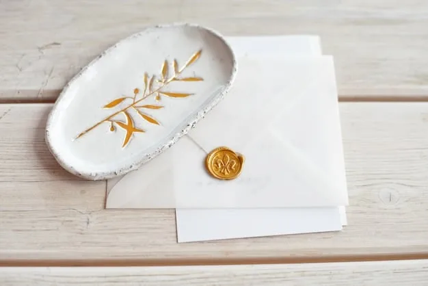 A close-up shot of a wedding invitation with elegant calligraphy. The invitation is sealed with wax and features a minimalist design, hinting at the secrecy and exclusivity of the event.