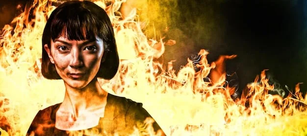 A blurred and distorted image of a person engulfed in flames, digitally altered to emphasize the danger and potential for harm, with a warning text overlayed: