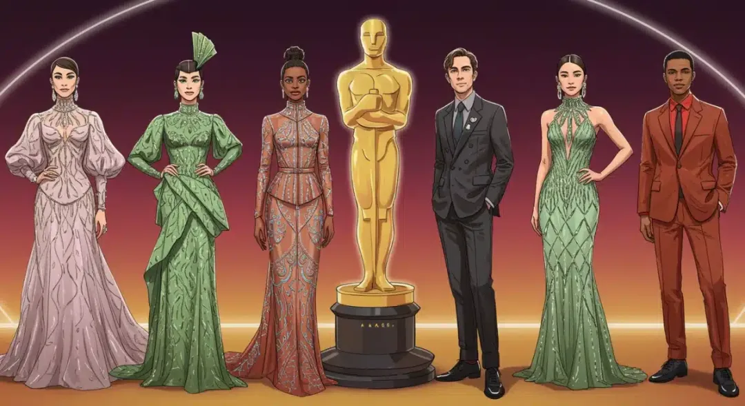Oscar 2026 red carpet trends illustration with celebrities in cutting-edge sustainable and architectural fashion.