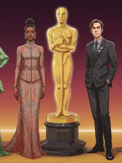 Oscar 2026 red carpet trends illustration with celebrities in cutting-edge sustainable and architectural fashion.
