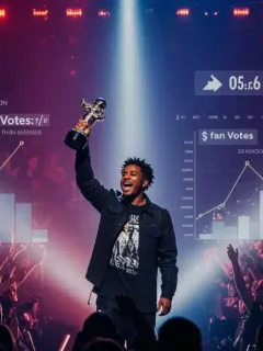 Artist celebrating VMA win with Moon Person trophy, surrounded by fan voting graphics