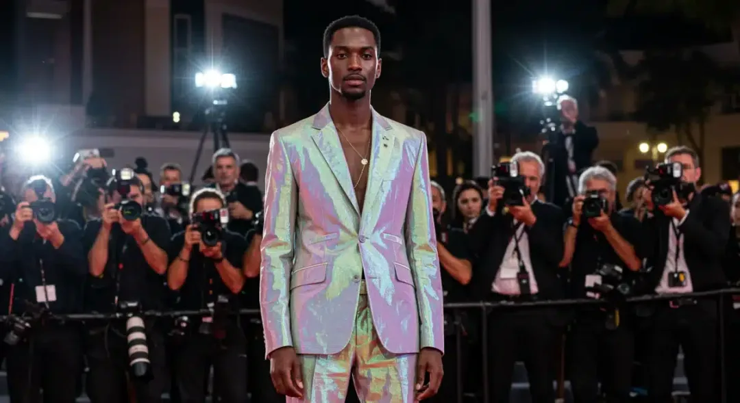 Avant-garde gender-fluid suit with digital elements on red carpet, 2026