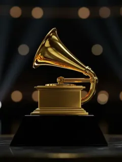 Golden Grammy trophy on a spotlighted stage, symbolizing music awards and anticipation for 2026.