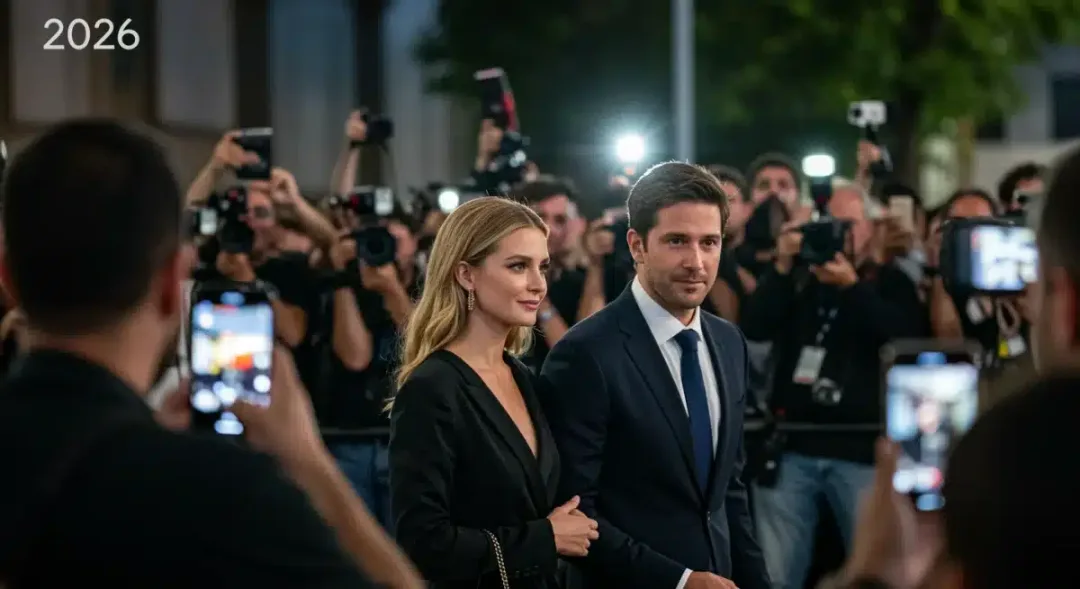 Celebrity couple navigating a crowd of paparazzi, subtly protecting their privacy in 2026