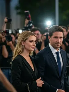 Celebrity couple navigating a crowd of paparazzi, subtly protecting their privacy in 2026