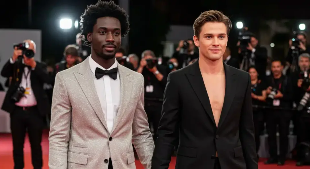 Celebrity couple making their public debut on a red carpet, navigating media attention gracefully in 2026.