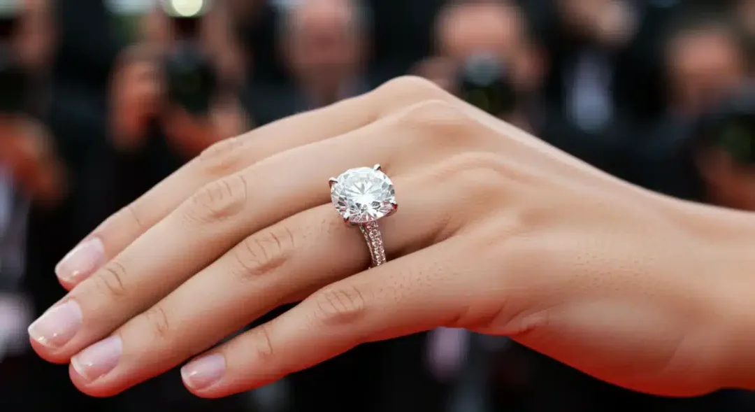 Close-up of a celebrity engagement ring, large diamond, sparkling, on a hand at a red carpet event.