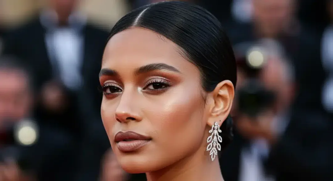 Celebrity on red carpet in 2026 with flawless makeup and elegant updo