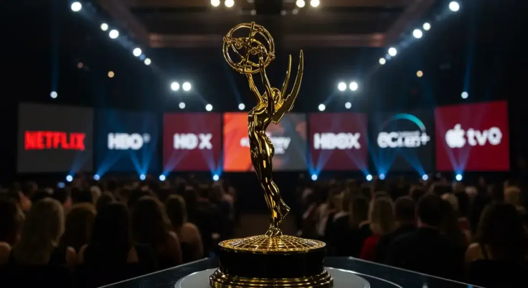 Emmy statuette with streaming service logos, symbolizing the evolving landscape of television awards.