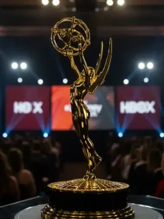 Emmy statuette with streaming service logos, symbolizing the evolving landscape of television awards.