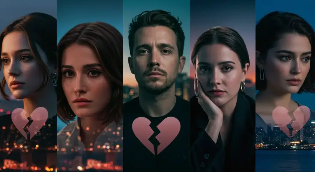 Collage of five famous celebrity faces with subtle broken heart imagery, symbolizing the top breakups of 2026 and their emotional impact.