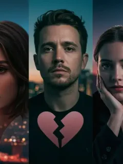 Collage of five famous celebrity faces with subtle broken heart imagery, symbolizing the top breakups of 2026 and their emotional impact.