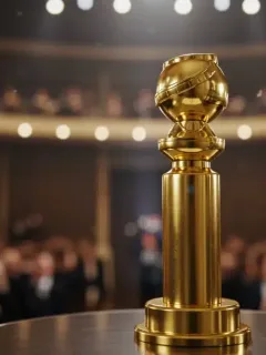 Golden Globe award statuette on a stage, symbolizing prestigious film and television recognition