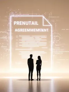 Stylized illustration of celebrity couple reviewing a modern prenuptial agreement document, representing asset and privacy protection.