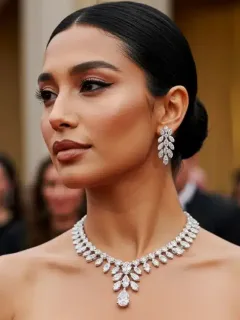 Celebrity on red carpet showcasing a dazzling diamond statement necklace and sculptural earrings, embodying 2026 jewelry trends.