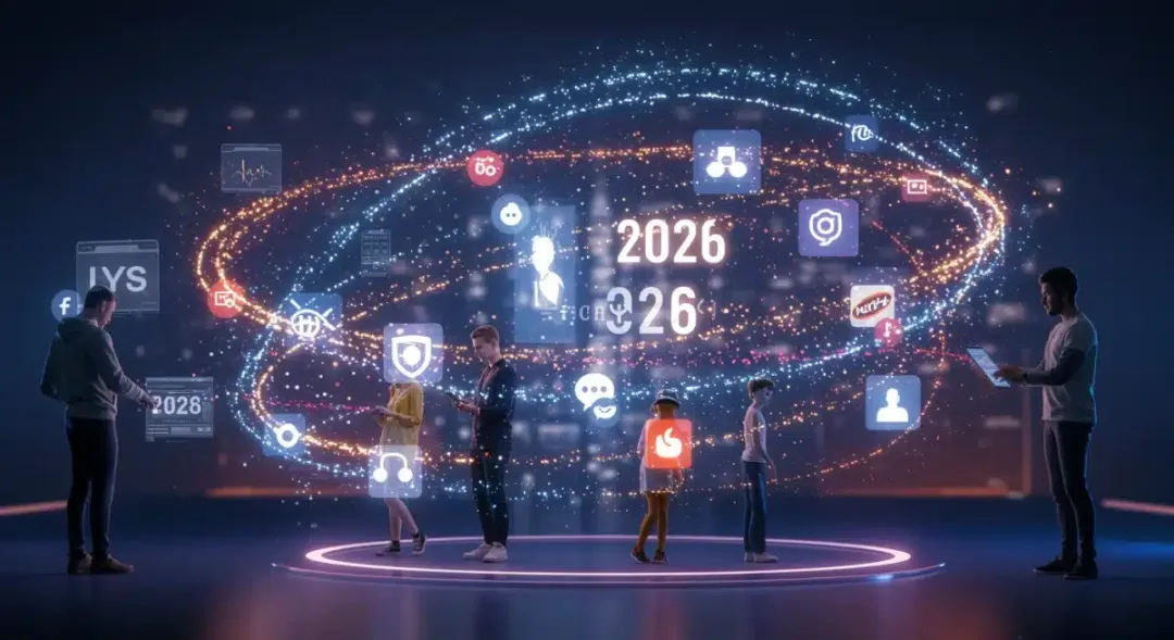Futuristic digital marketing scene with holographic brand logos and social media icons, representing viral marketing success in 2026.