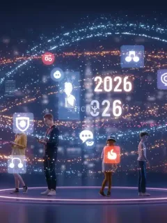 Futuristic digital marketing scene with holographic brand logos and social media icons, representing viral marketing success in 2026.