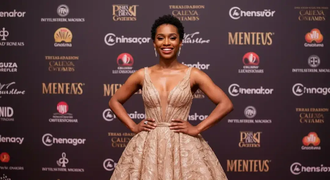 Elegant celebrity posing on a red carpet with confidence and grace
