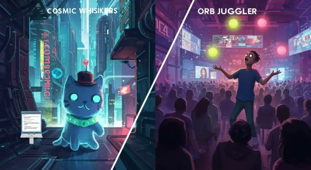 Illustration of two viral memes, Cosmic Whiskers and Orb Juggler, transitioning from obscure online forums to mainstream national recognition in early 2026.