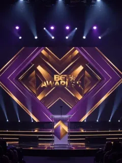 Dynamic stage setup for BET Awards 2026, purple and gold lighting, central podium.