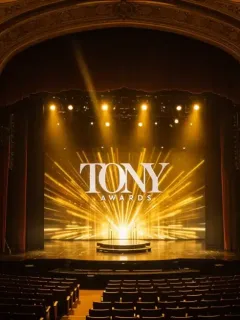 Empty Broadway theater stage awaiting the 2026 Tony Awards, with golden lighting.