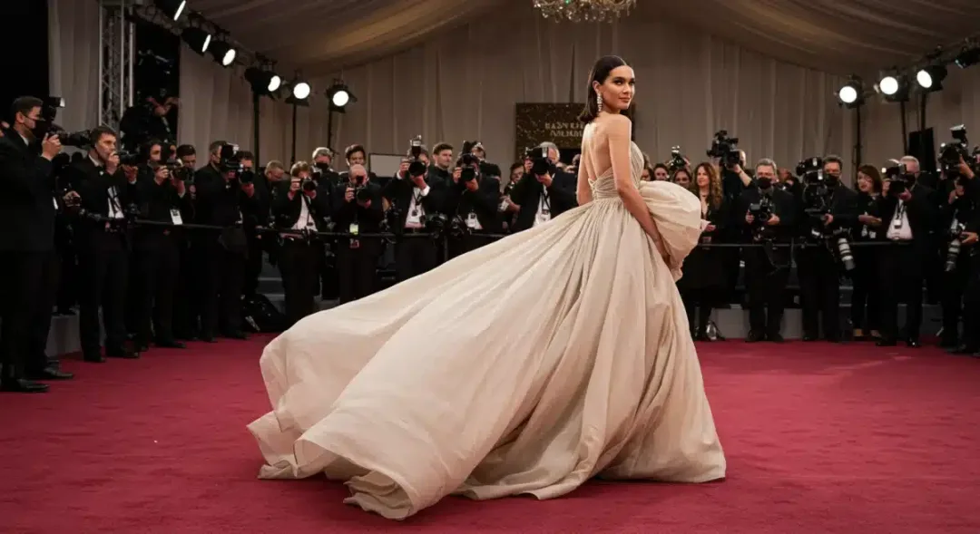 Celebrity in floor-length gown on 2026 red carpet, embodying emerging fashion trends.