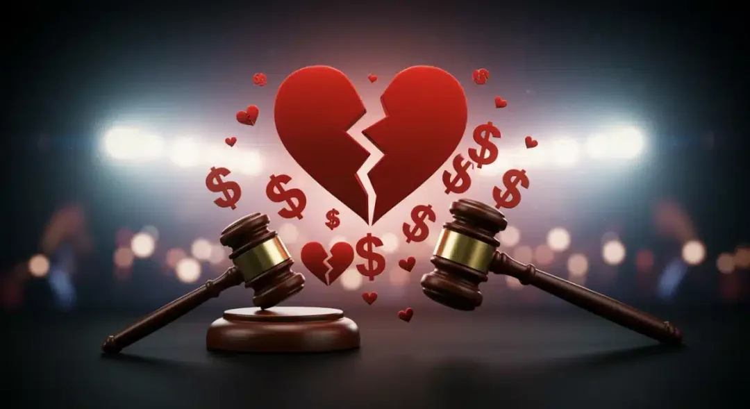 Stylized graphic representing the financial and legal impact of celebrity breakups.