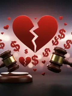 Stylized graphic representing the financial and legal impact of celebrity breakups.