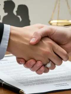 Couple shaking hands over prenuptial agreement document, symbolizing legal protection.