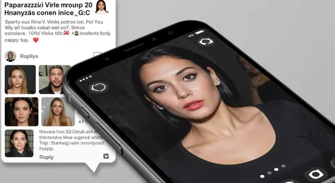 Smartphone displaying viral paparazzi photo, social media shares, and public commentary.