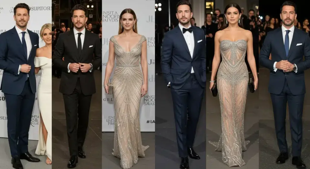 Five famous celebrity power couples smiling on a red carpet, showcasing their enduring relationships and public presence.