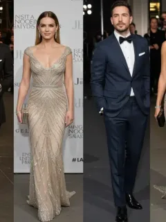 Five famous celebrity power couples smiling on a red carpet, showcasing their enduring relationships and public presence.