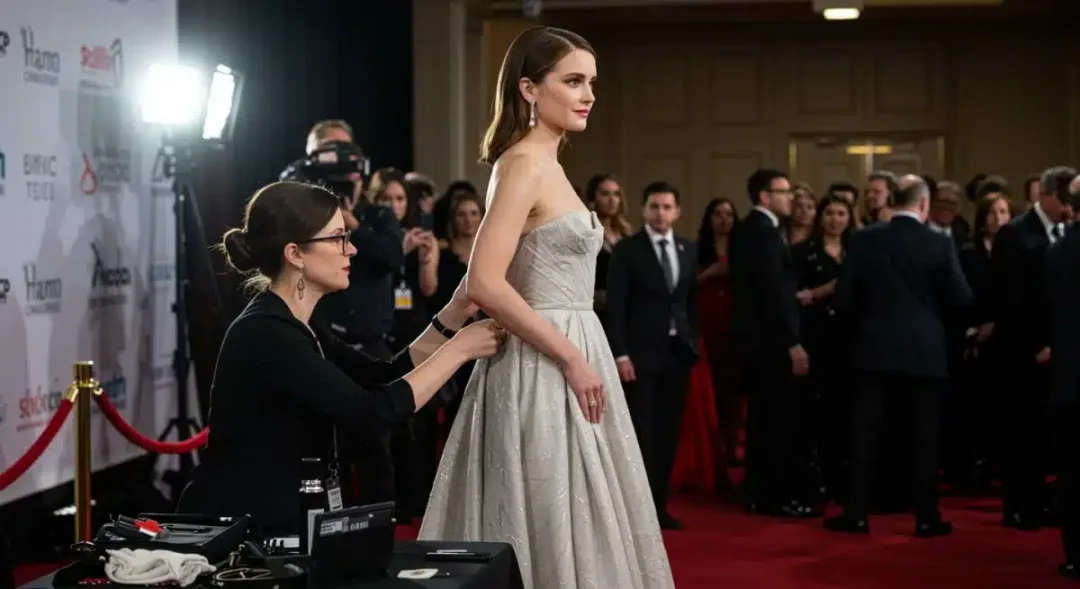 A-list stylist making final adjustments to a celebrity's gown on a bustling red carpet.