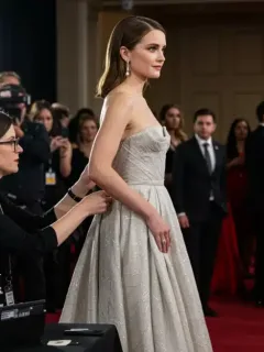 A-list stylist making final adjustments to a celebrity's gown on a bustling red carpet.