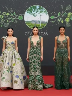 Red carpet event with celebrities in sustainable fashion choices, 2026