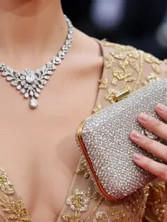 Stylized Red Carpet Accessories 2026 with diamond necklace and bespoke clutch