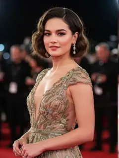 Celebrity on red carpet with perfect hair and makeup, embodying luxury beauty.