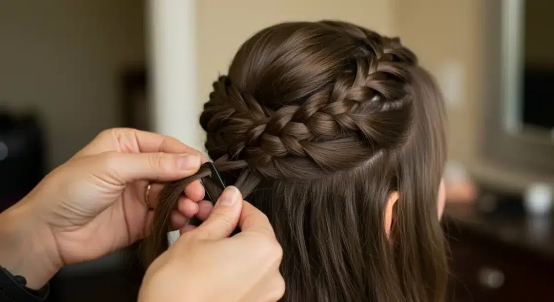 Hands braiding hair for an elegant red carpet updo style.