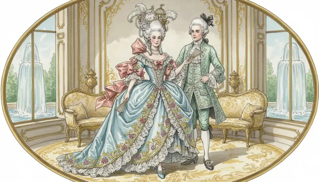 Rococo fashion with elaborate gowns and powdered wigs, illustrating historical opulence.