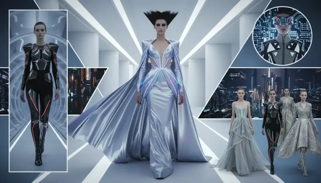 Futuristic fashion with metallic textures and geometric designs, representing avant-garde style.