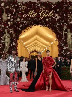 Celebrities arriving at the Met Gala, showcasing intricate fashion inspired by historical periods.