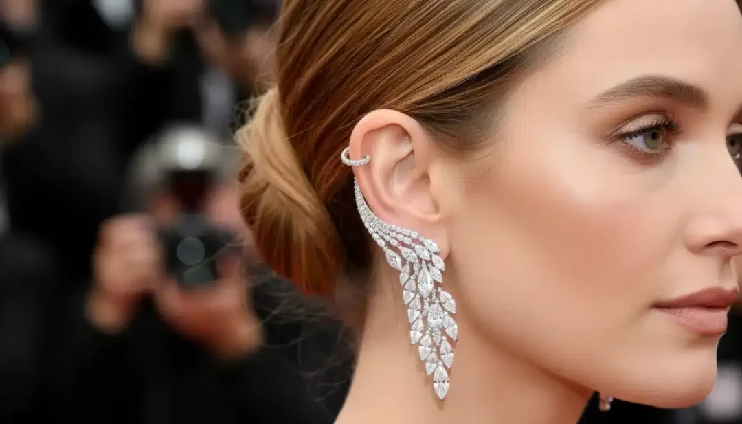 Celebrity wearing intricate asymmetrical diamond earrings on a red carpet.