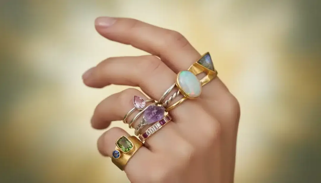 Stacked mixed-metal rings with ethically sourced gemstones, highlighting sustainable luxury in jewelry.