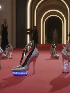 Futuristic statement shoes on a red carpet, showcasing intricate designs and luxurious materials.