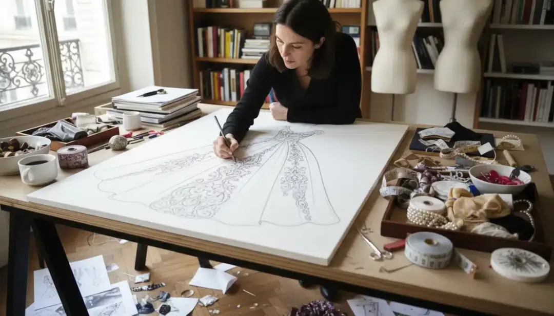 Designer sketching intricate gown details for 2026 Red Carpet Couture.