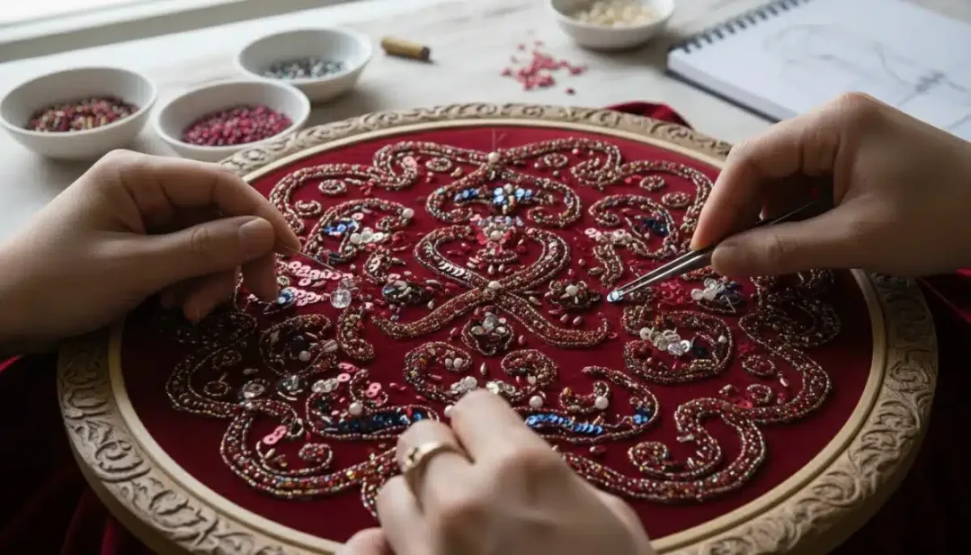 Artisans hand-embroidering luxurious fabric for 2026 Red Carpet Couture.